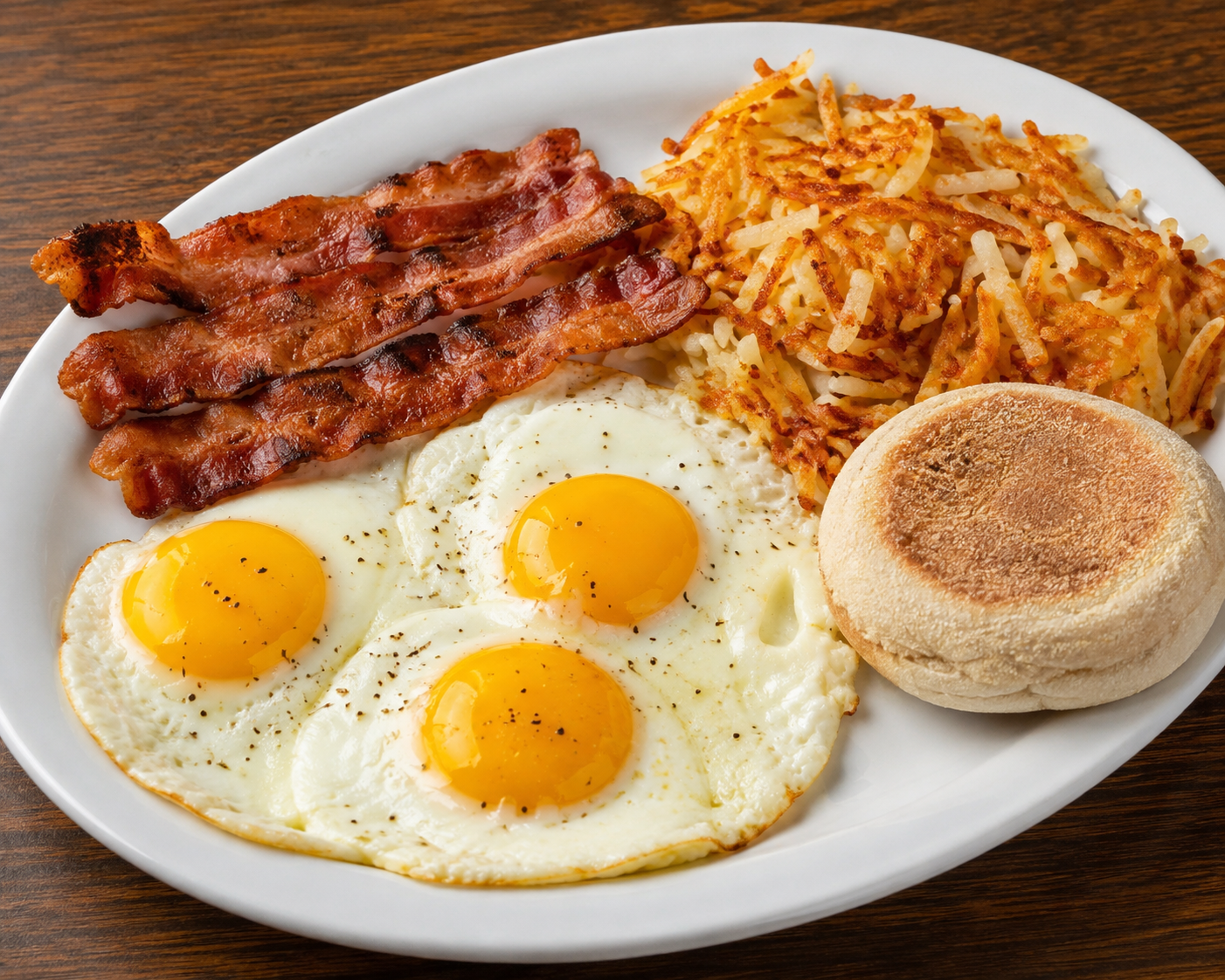 Breakfast platter with fried eggs, crispy bacon, hash browns, and an English muffin