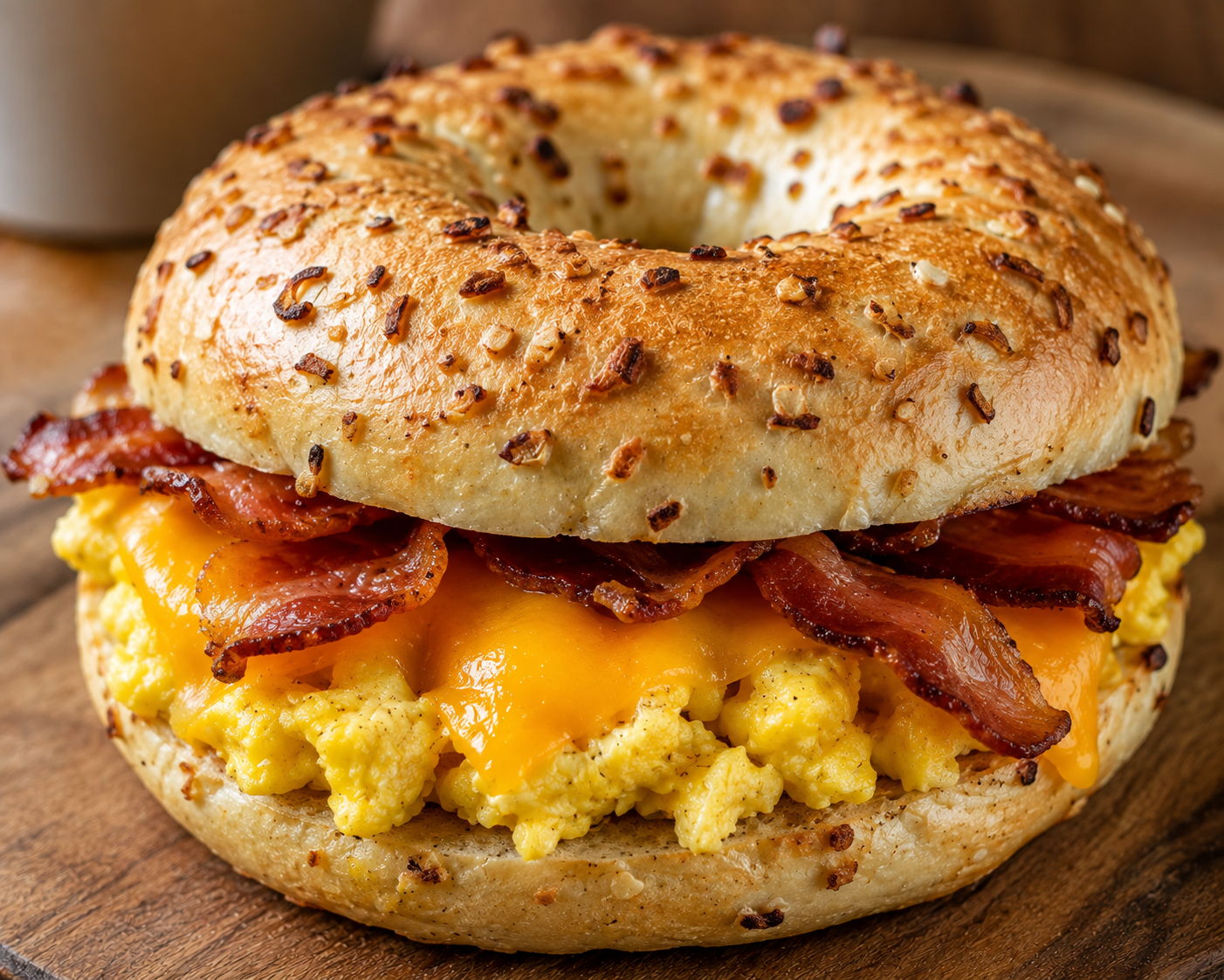 Breakfast sandwich with scrambled eggs, bacon, and melted cheese on a toasted bagel