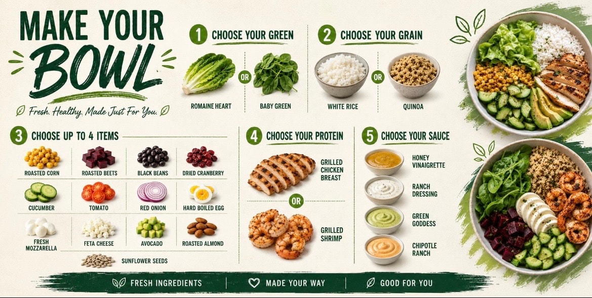 Make Your Bowl — choose your green, grain, toppings, protein, and sauce